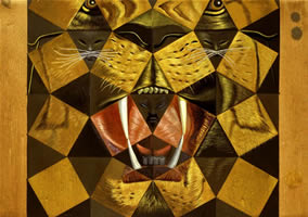 Study for Fifty Abstract Paintings which Seen from Two Metres Change into Three Lenins Disguised as Chinese and Seen from Six Metres Appear as the Head of a Royal Tiger�@�u2���[�g������Č���ƒ����l�ɕϑ�����3�l�̃��[�j���ƂȂ�A6���[�g������Č���Ɨ��h�ȌՂ̓����������50�̒��ۊG��̂��߂̏K��v�@���ʥ�L�����o�X�A1935�N