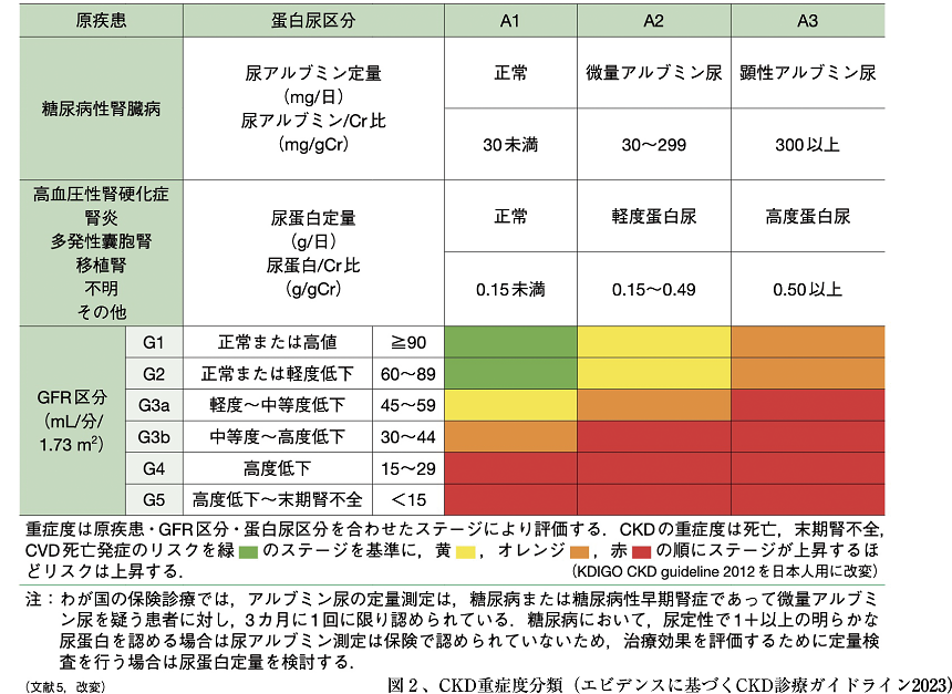 図2、CKD重症度分類(エビデンスに基づくCKD診療ガイドライン2023)